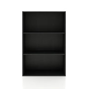 Front facing durable modern three-shelf black storage bookcase on a white background