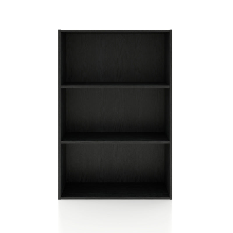 Front facing durable modern three-shelf black storage bookcase on a white background