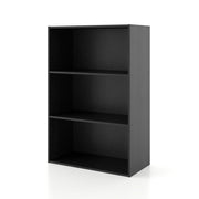 Left facing durable modern three-shelf black storage bookcase on a white background