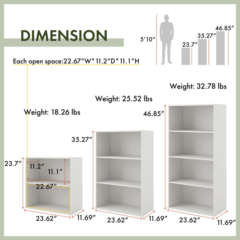 Dimensional image rendering of a durable modern three-shelf black storage bookcase that includes three views and dimensions