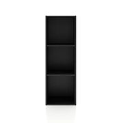 Front facing durable modern three-shelf slim black storage bookcase on a white background