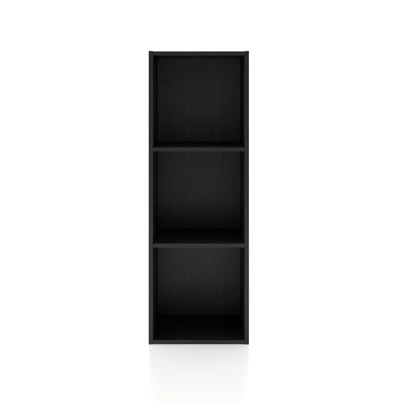 Front facing durable modern three-shelf slim black storage bookcase on a white background