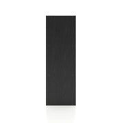 Front facing side view of a durable modern three-shelf slim black storage bookcase on a white background