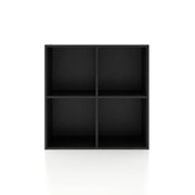 Front facing durable modern four-cubby black storage bookcase on a white background
