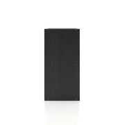 Front facing side view of a durable modern four-cubby black storage bookcase on a white background