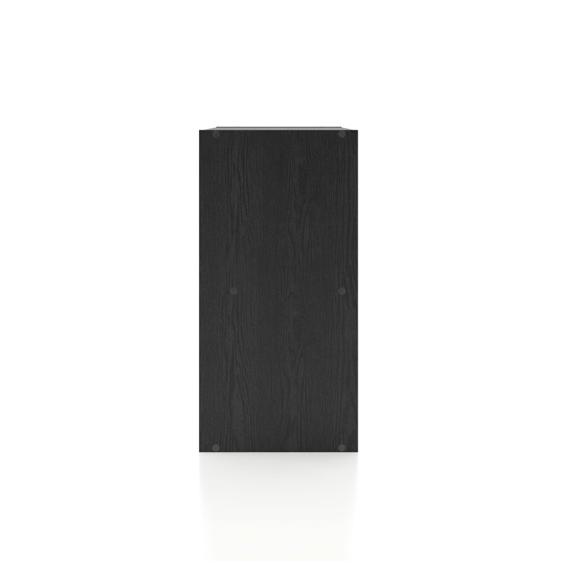 Front facing side view of a durable modern four-cubby black storage bookcase on a white background
