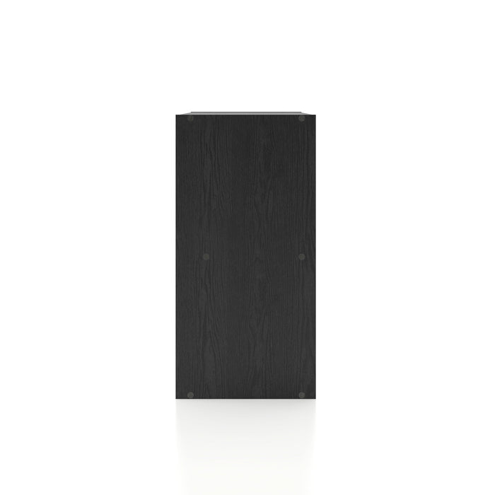 Front facing side view of a durable modern four-cubby black storage bookcase on a white background
