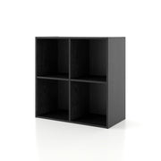 Left facing durable modern four-cubby black storage bookcase on a white background