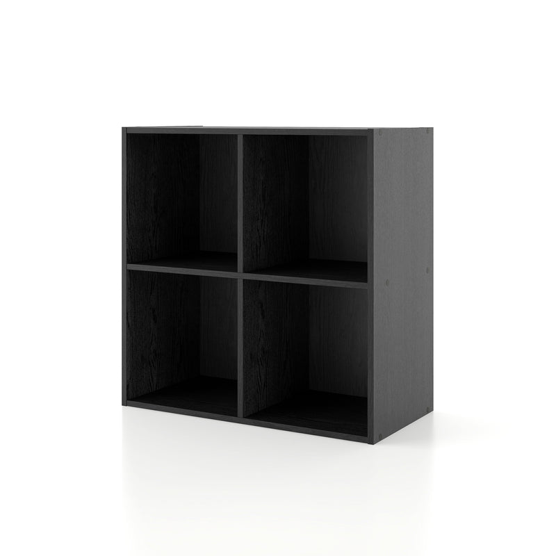 Left facing durable modern four-cubby black storage bookcase on a white background