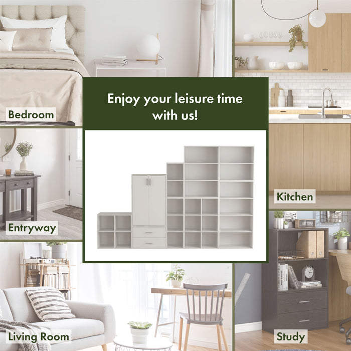Seven-panel composite image showing a durable modern four-cubby bookcase in a larger configuration and in various rooms of the home where it may be used