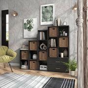 Left facing durable modern six-cubby black storage bookcase as part of a larger modular configuration in a room with accessories
