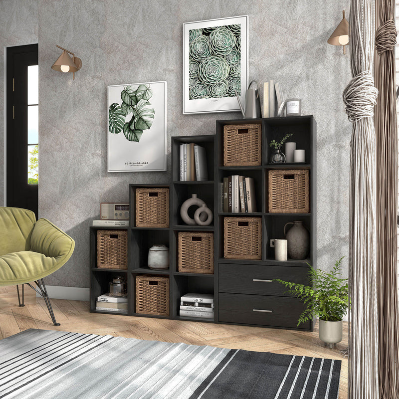 Left facing durable modern six-cubby black storage bookcase as part of a larger modular configuration in a room with accessories