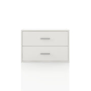 Front facing modern two-drawer white storage cabinet with silver handles on a white background