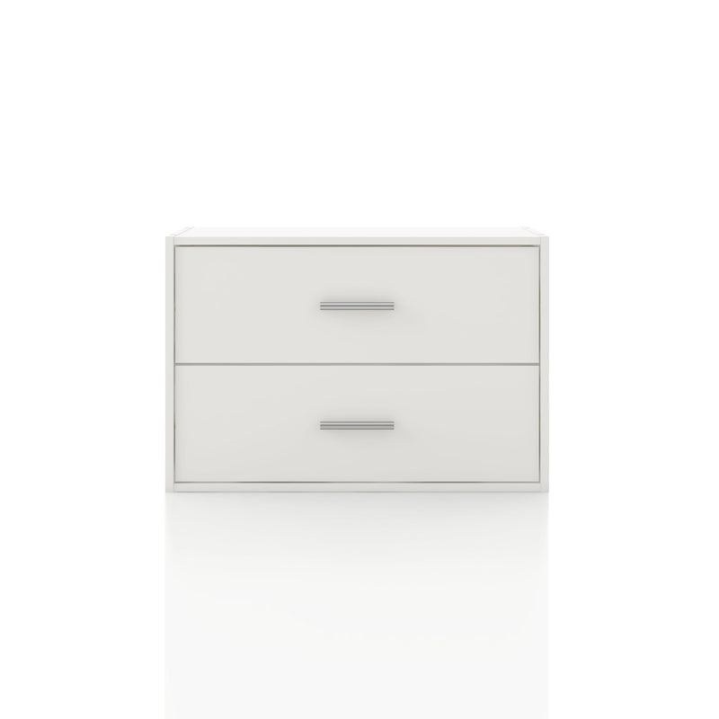 Front facing modern two-drawer white storage cabinet with silver handles on a white background