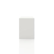 Front facing side view of a modern two-drawer white storage cabinet with silver handles on a white background