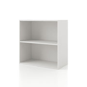 Left facing durable modern two-shelf white storage bookcase on a white background
