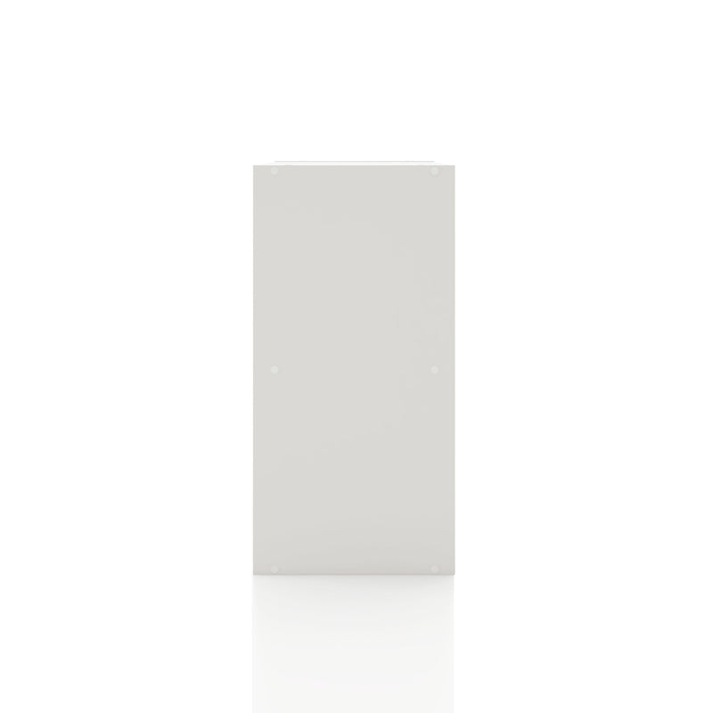 Front facing side view of a durable modern two-shelf white storage bookcase on a white background