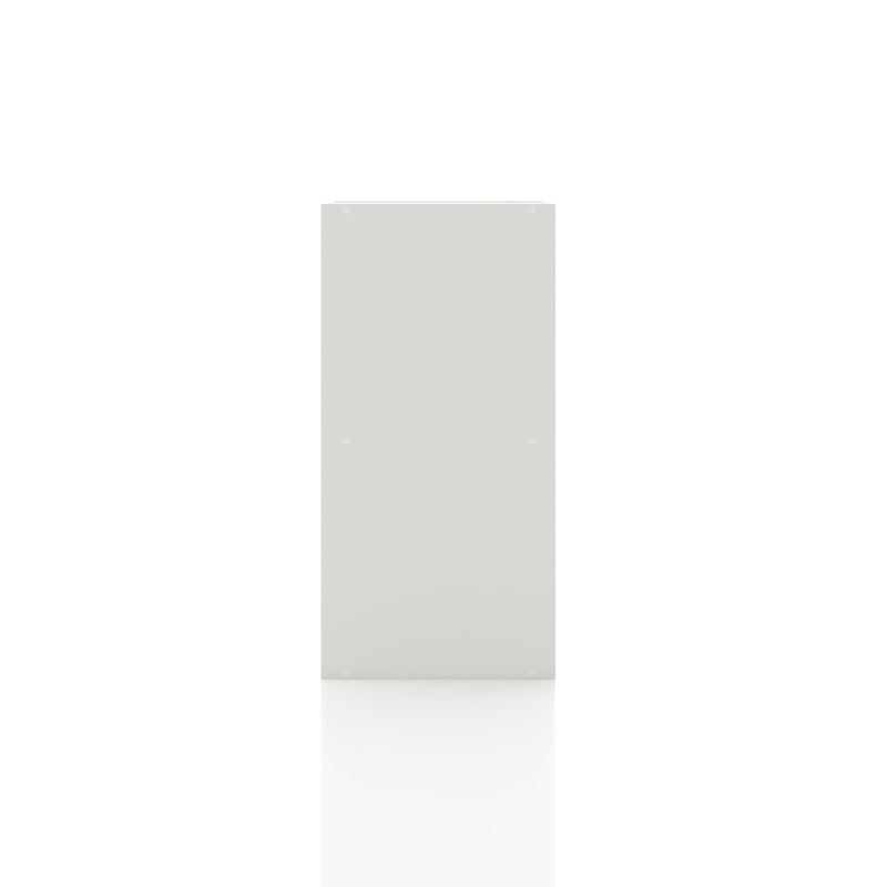 Front facing side view of a durable modern two-shelf slim white bookcase on a white background