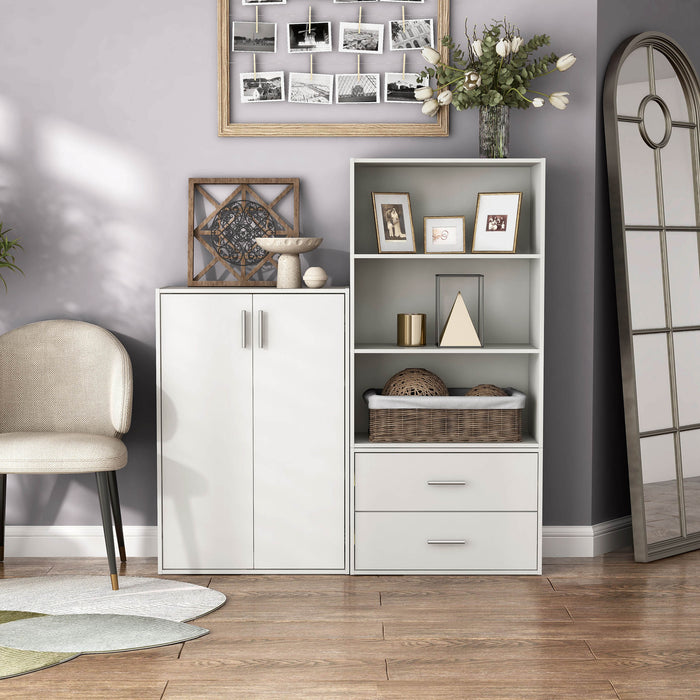 Front facing durable modern three-shelf white storage bookcase in a larger modular configuration in a room with accessories
