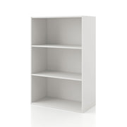 Left facing durable modern three-shelf white storage bookcase on a white background