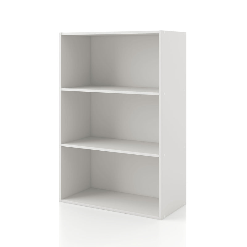 Left facing durable modern three-shelf white storage bookcase on a white background