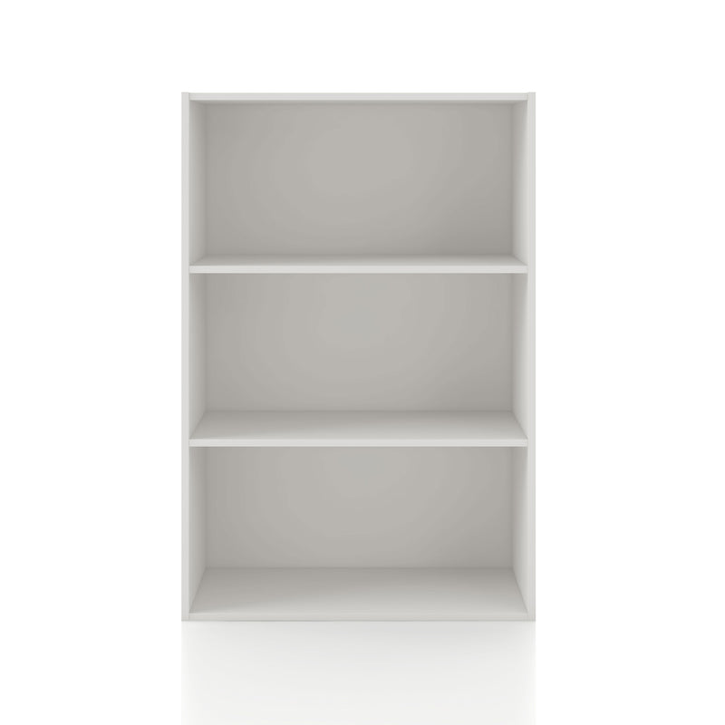 Front facing durable modern three-shelf white storage bookcase on a white background