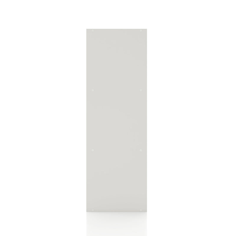 Front facing side view of a durable modern three-shelf white storage bookcase on a white background