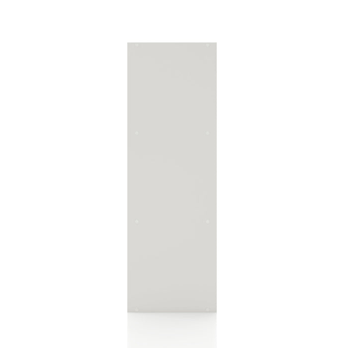 Front facing side view of a durable modern three-shelf white storage bookcase on a white background