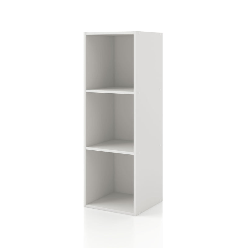 Left facing durable modern three-shelf slim white storage bookcase on a white background