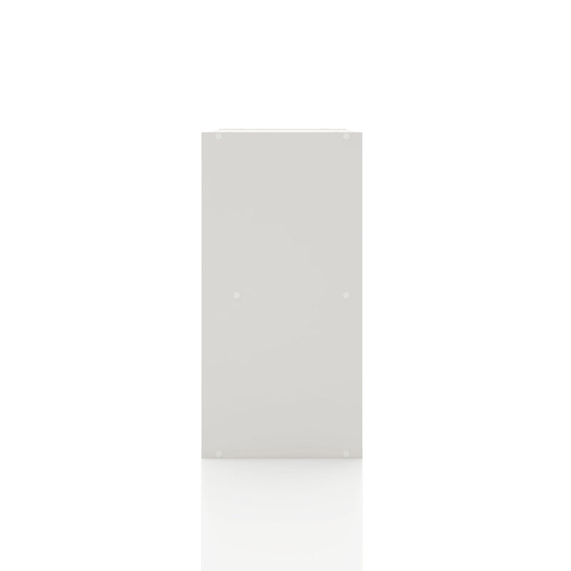 Front facing side view of a durable modern four-cubby white storage bookcase on a white background