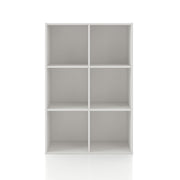 Front facing durable modern six-cubby white storage bookcase on a white background