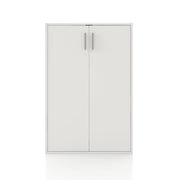Front facing durable modern two-door white storage cabinet with silver handles on a white background