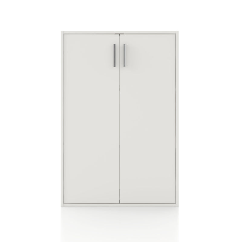 Front facing durable modern two-door white storage cabinet with silver handles on a white background