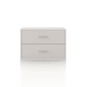 Front facing modern two-drawer taupe grey storage cabinet with silver handles on a white background