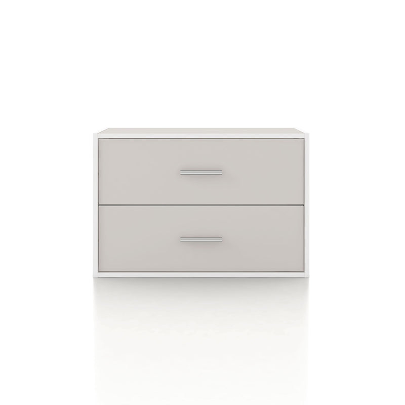 Front facing modern two-drawer taupe grey storage cabinet with silver handles on a white background