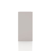 Front facing side view of a durable modern two-shelf taupe grey storage bookcase on a white background
