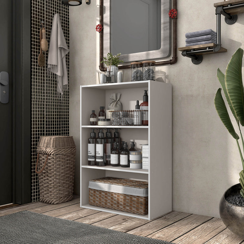 Left facing durable modern three-shelf taupe grey storage bookcase in a larger modular configuration in a room with accessories