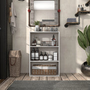 Front facing durable modern three-shelf taupe grey storage bookcase in a larger modular configuration in a room with accessories