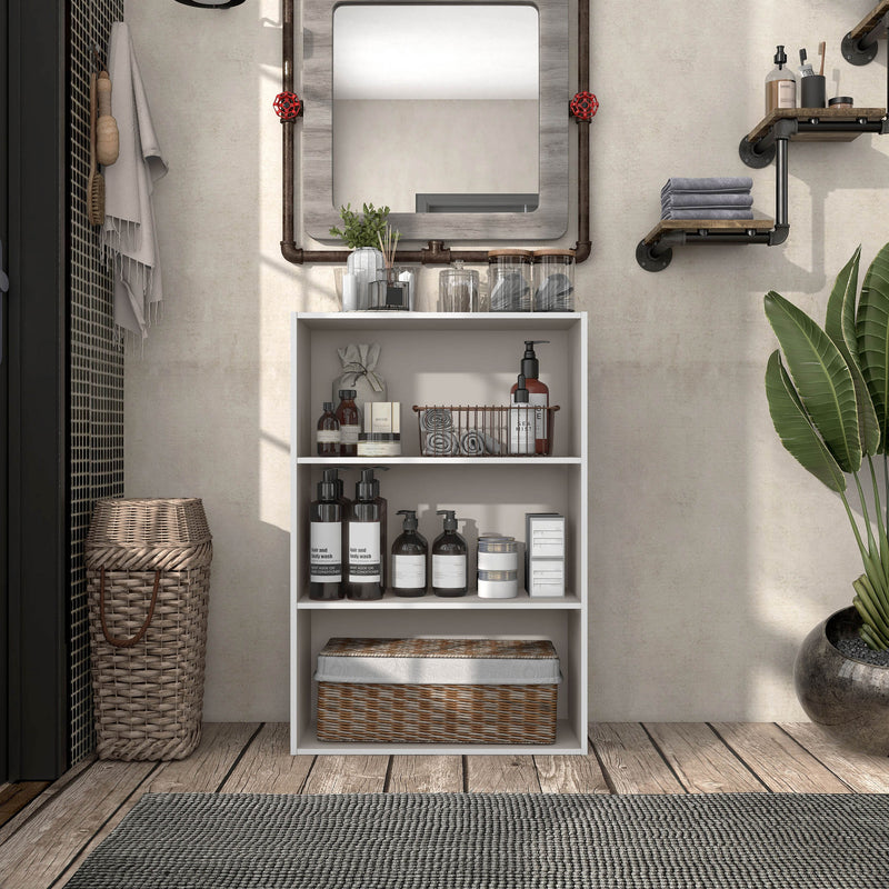 Front facing durable modern three-shelf taupe grey storage bookcase in a larger modular configuration in a room with accessories