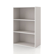 Left facing durable modern three-shelf taupe grey storage bookcase on a white background