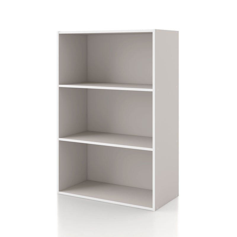Left facing durable modern three-shelf taupe grey storage bookcase on a white background