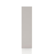 Front facing side view of a durable modern four-shelf taupe grey storage bookcase on a white background