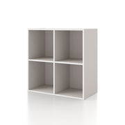 Left facing durable modern four-cubby taupe grey storage bookcase on a white background
