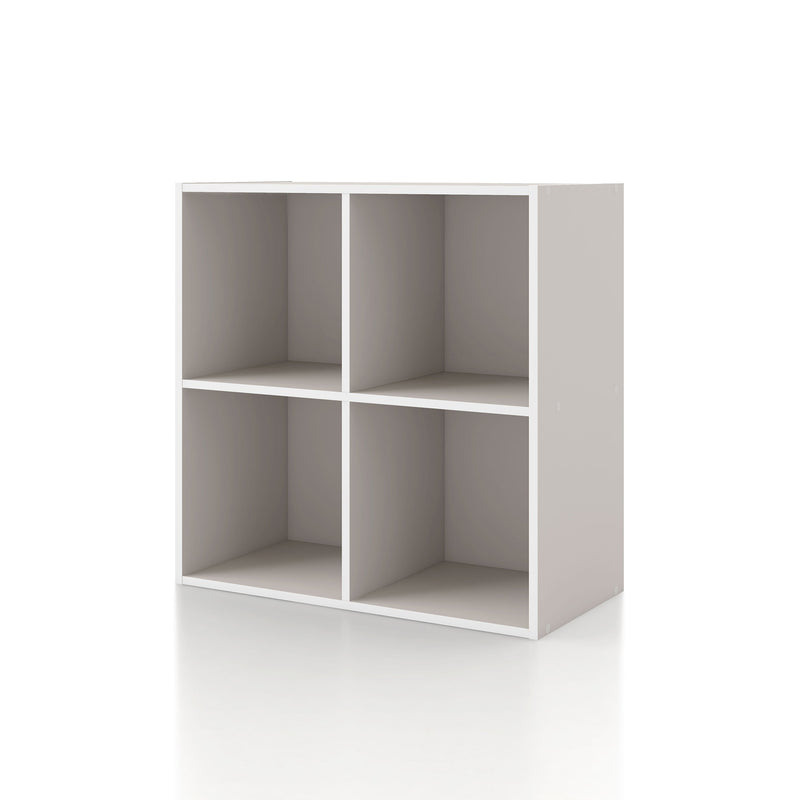 Left facing durable modern four-cubby taupe grey storage bookcase on a white background