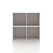 Front facing durable modern four-cubby taupe grey storage bookcase on a white background