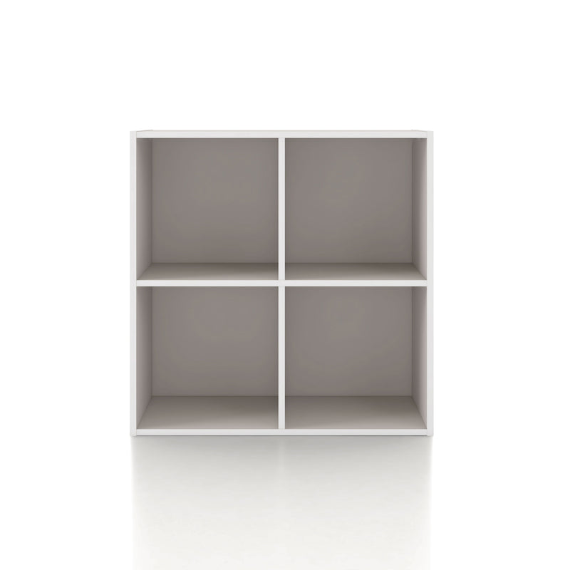 Front facing durable modern four-cubby taupe grey storage bookcase on a white background