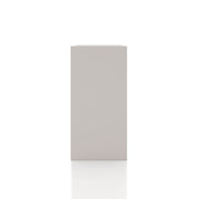 Front facing side view of a durable modern four-cubby taupe grey storage bookcase on a white background