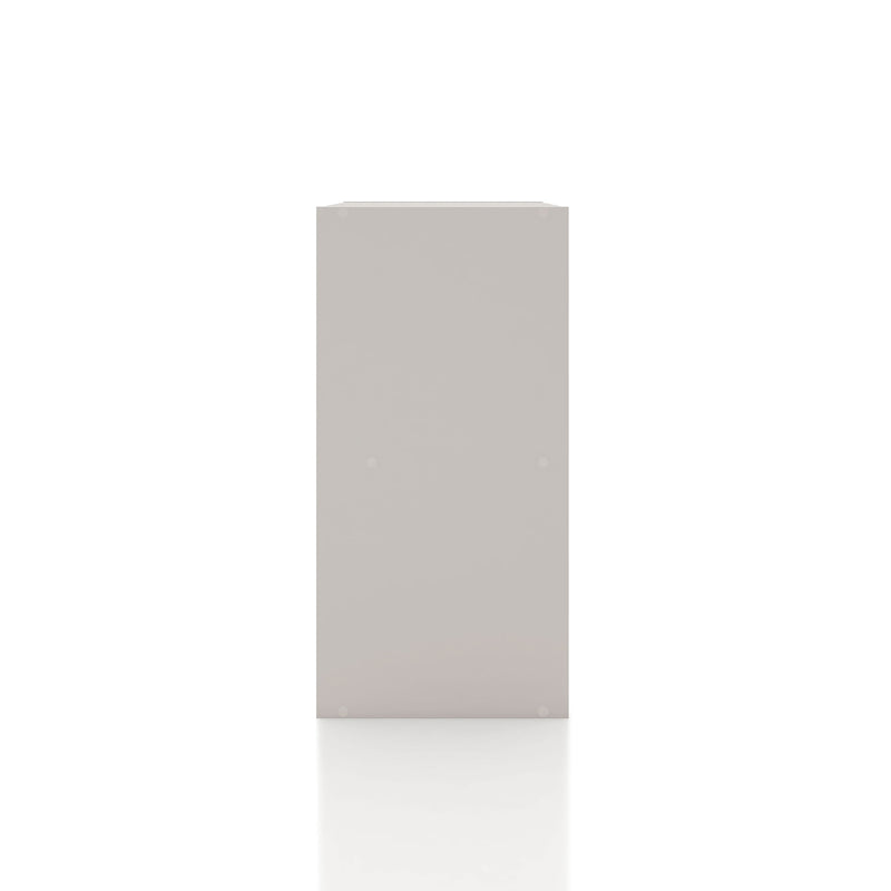 Front facing side view of a durable modern four-cubby taupe grey storage bookcase on a white background
