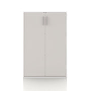 Front facing durable modern two-door taupe grey storage cabinet with silver handles on a white background