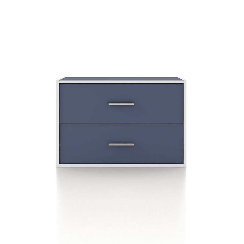 Front facing modern two-drawer steel blue storage cabinet with silver handles on a white background